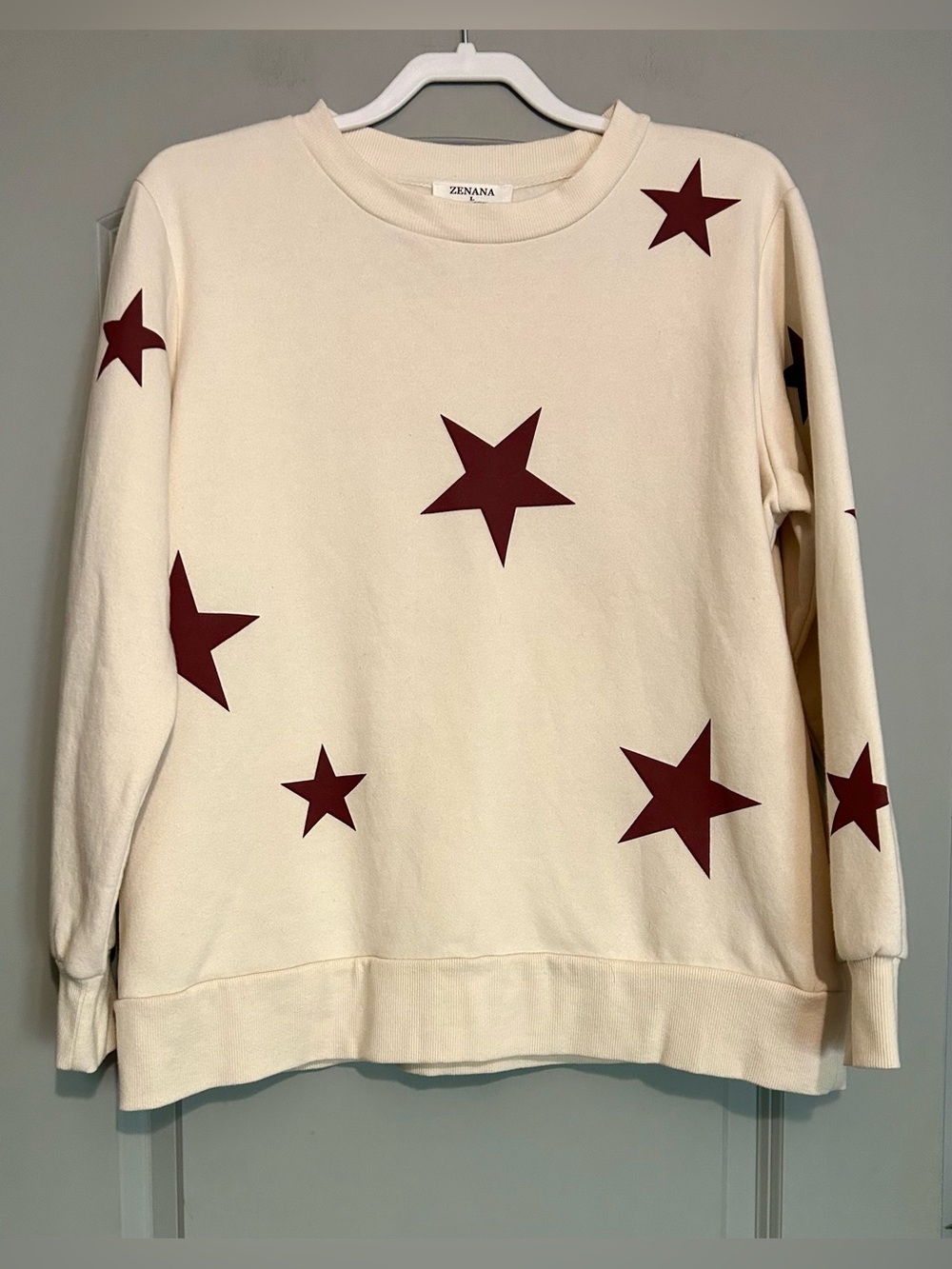 Zenana Cream & Burgundy Star Print Crewneck Patriotic Summer Layer Size L - Picture 5 of 6